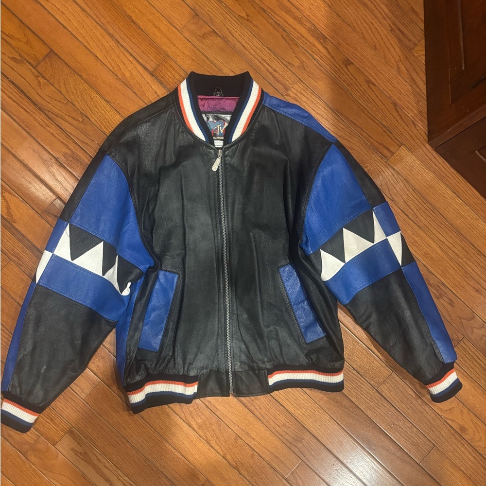 MTV Authentic Vintage Original Unisex Black, White and Blue Leather Jacket.